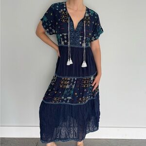 Johnny Was Navy Embroidered Midi Dress